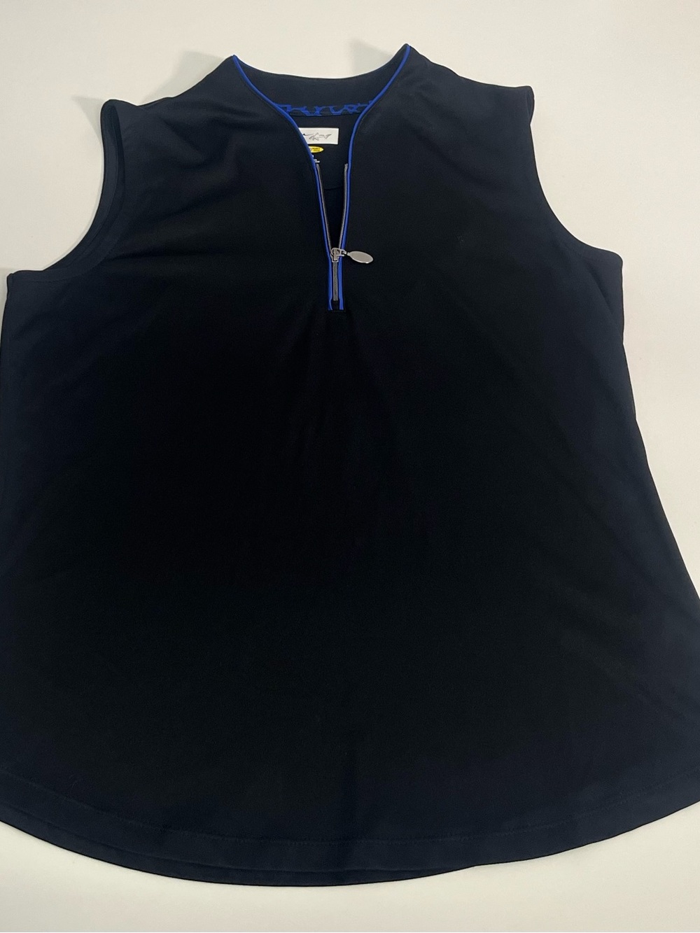 Women's Black Tank Top with Blue Trim and Zip Front